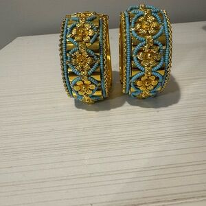 Elegant Gold and Blue Floral Bangles